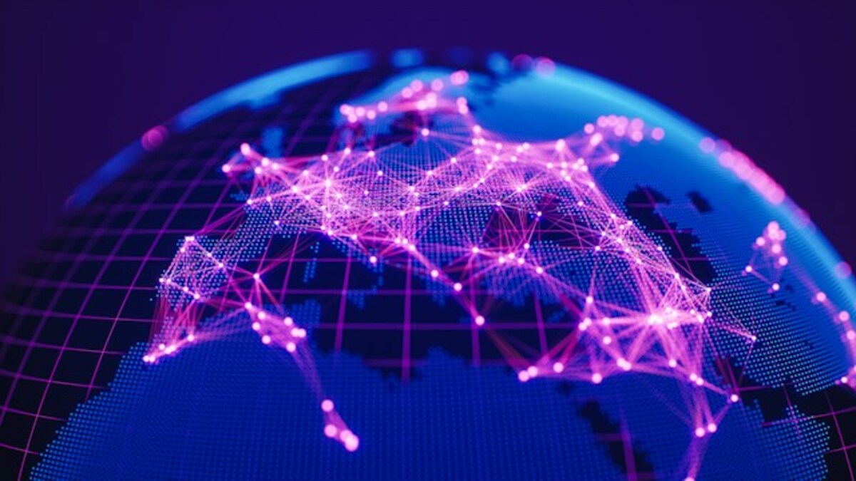 Ilustração abstrata de camadas de verificação e identidade conectadas em gradiente roxo e magenta